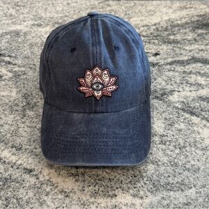 New Custom Designed Blue Denim Cap with Embroidered Lotus Design, Adjustable